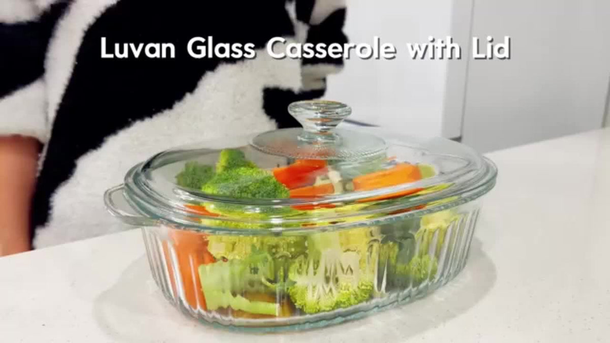 Oval Glass Baking Dish with Lid in 50oz or 85oz Sizes, Deep Transparent Borosilicate Cookware for Pasta, Casseroles, Chicken and Holiday Desserts