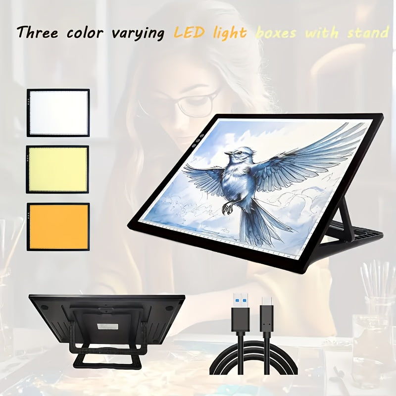 A3 Diamond Painting LED Light Box with Listed Three Color Modes and Eight Dimming Levels, USB Power, Plastic Stand and Four Swan Neck Clip Option Labels