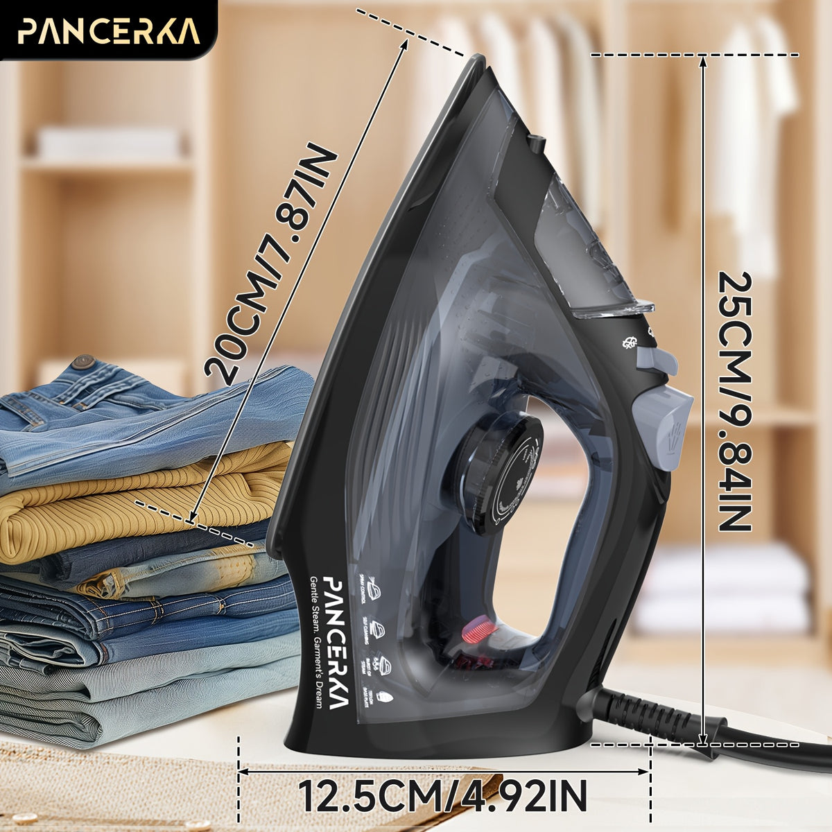 Adjustable Thermostat Steam Iron by PANCERKA, Black Clothes Iron with Listed 1200W Power, Nonstick Soleplate, Variable Steam Control and Overheat Protection Wording