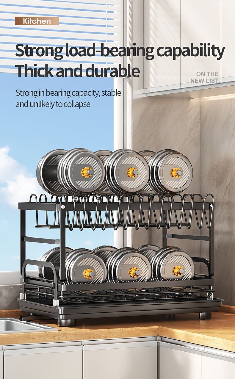 Metal Countertop Dish Rack for Kitchen Tableware Organization, Two-Tier Painted Rack Design with Utensil Holder Reference and Black, Dark Grey or Base Options