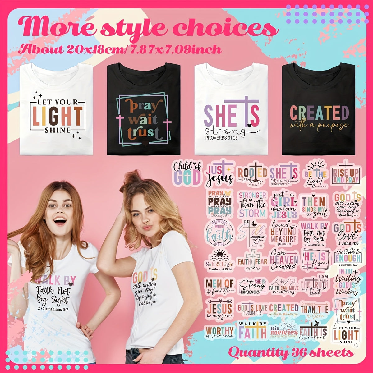 Christian Bible-Themed Iron-On Transfers, 36-Sheet Fabric Decoration Set for Compatible T-Shirts, Jackets, Hoodies, Backpacks and Pillow Cover Craft Projects