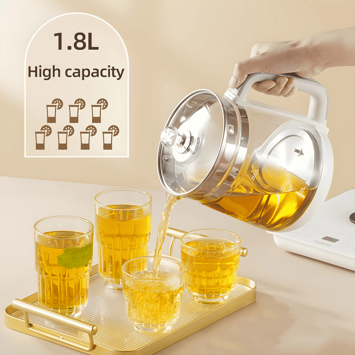 Yalulu Glass Electric Kettle with Listed 1.8L Capacity and 18 Functions, Removable SUS304 Tea Infuser, Glass Lid and Egg Steaming Rack, White US Plug Option