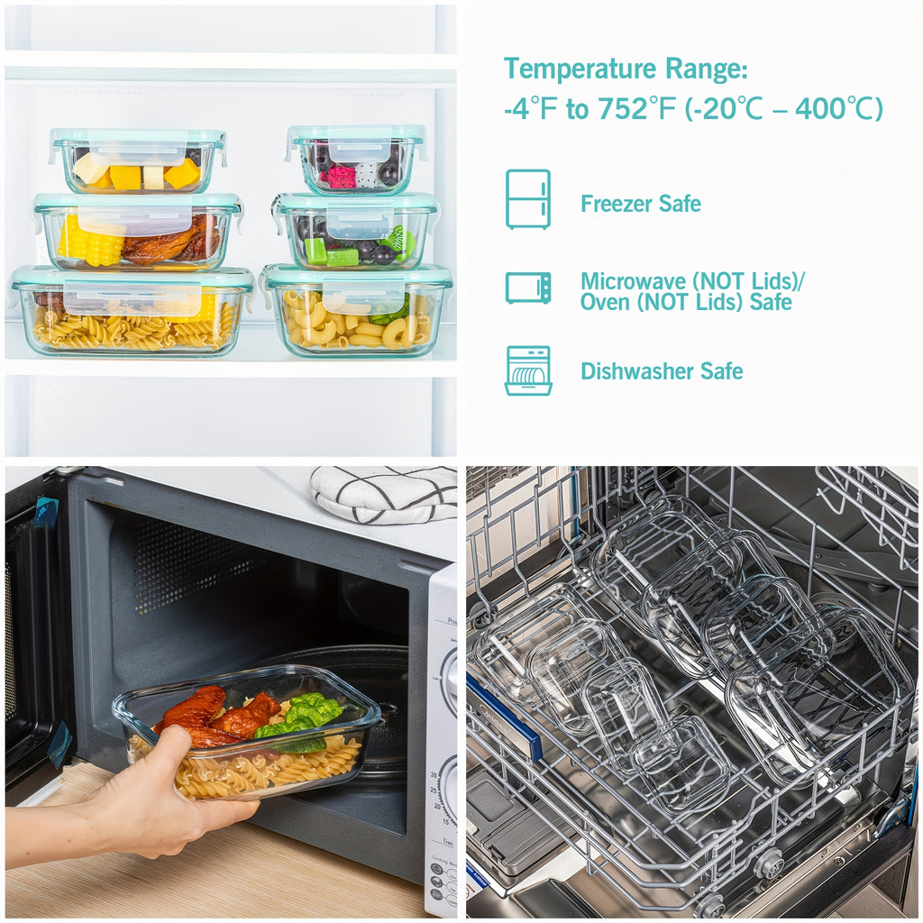 Glass Food Storage Containers for Bento Lunch Portions and Everyday Meal Prep, Listed Eight-Piece Kitchen Organization Set in Pink, Gray, Blue or Green