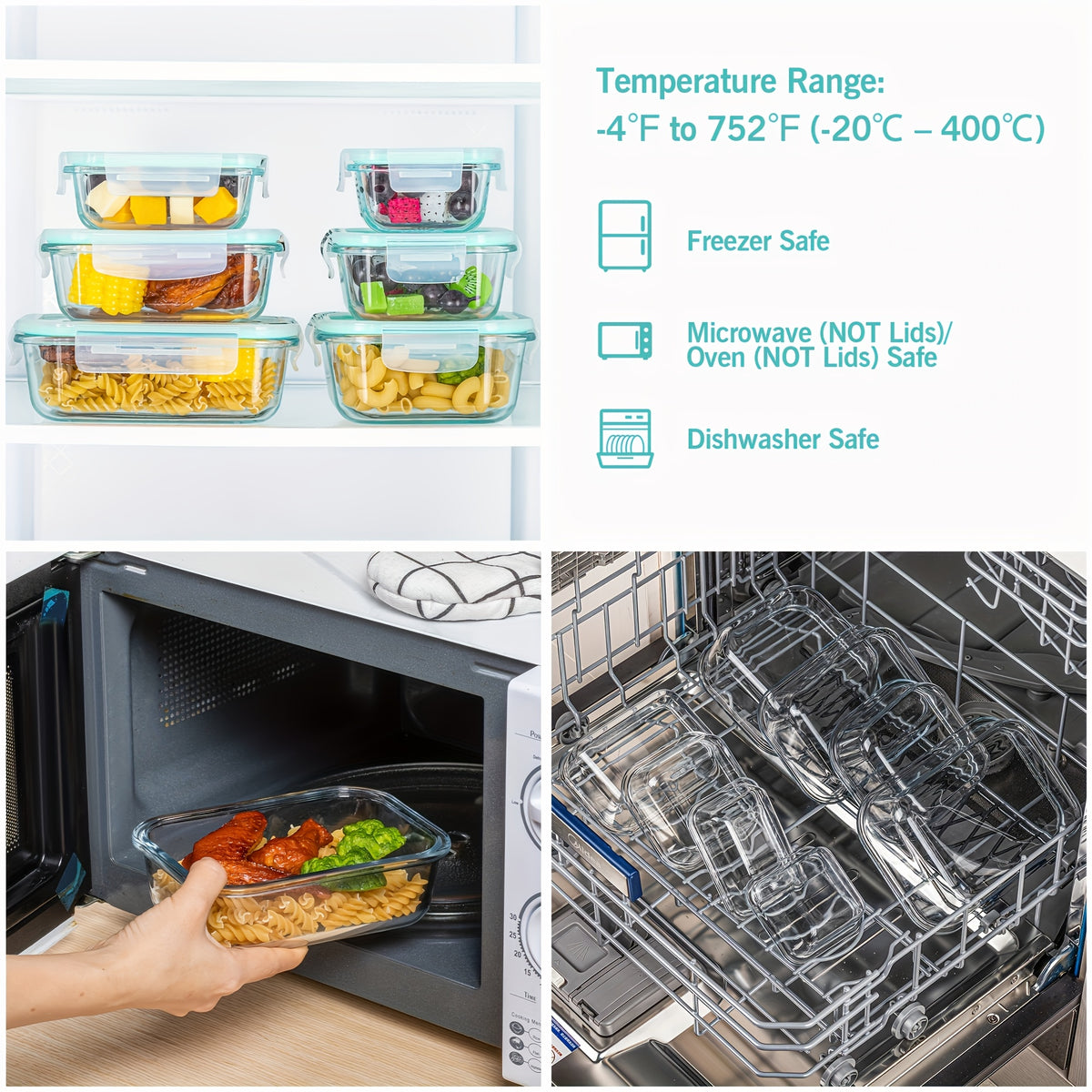 Glass Food Storage Containers for Bento Lunch Portions and Everyday Meal Prep, Listed Eight-Piece Kitchen Organization Set in Pink, Gray, Blue or Green