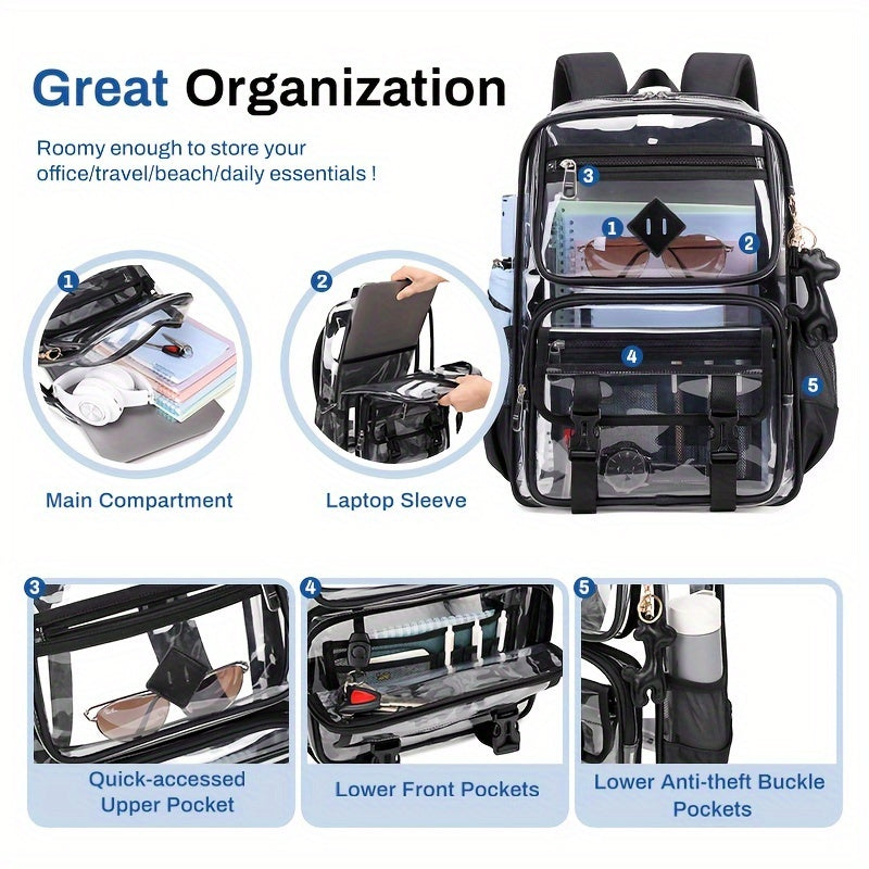 Clear PVC Backpack with Listed See-Through Book Bag Design, Black, Black Fully Transparent or Pink Options for Office Carry and Everyday Outings