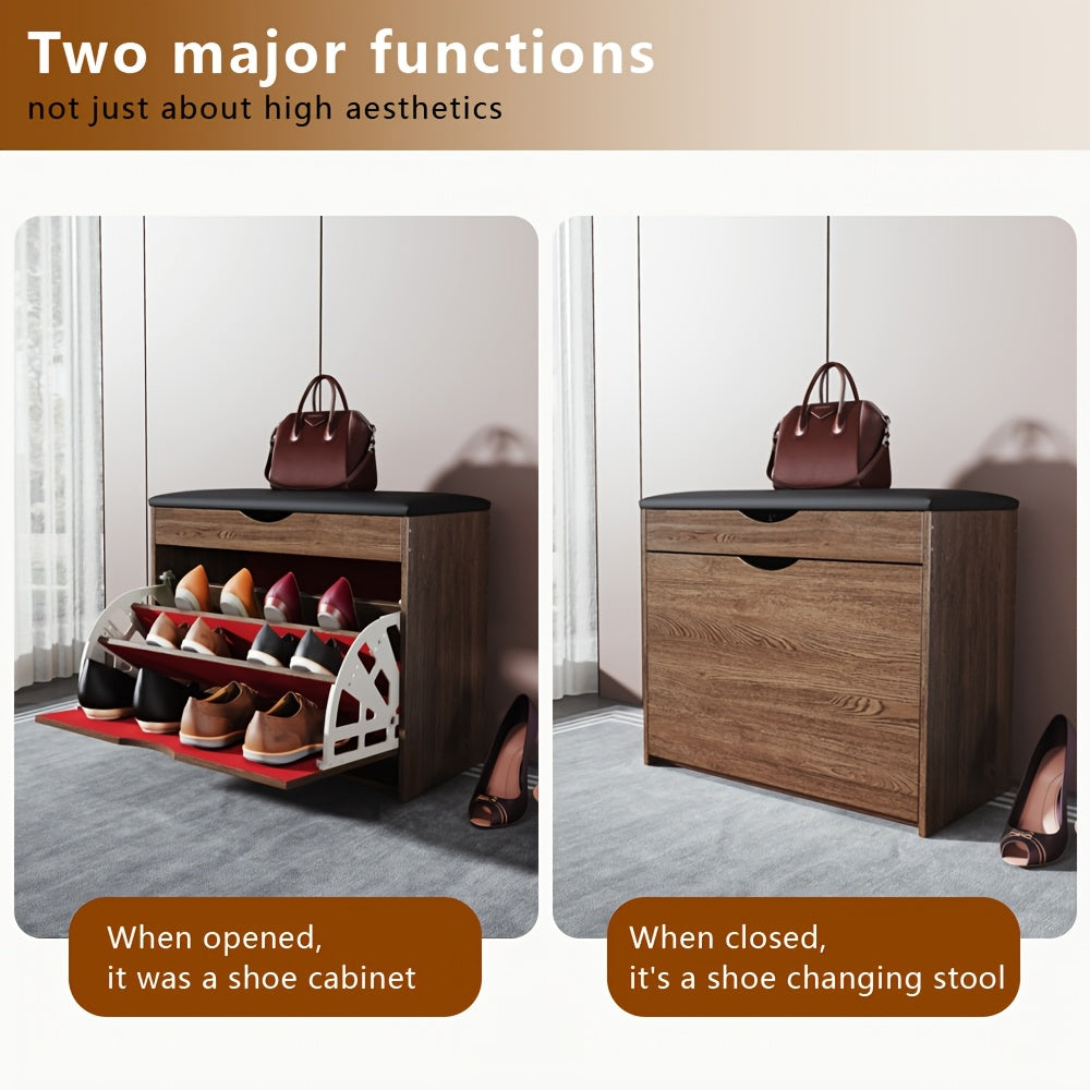 Cushioned Shoe Storage Cabinet with Three Listed Layers and Soft Padded Top, Brown or Gray Options for Entryway, Bedroom and Hallway Footwear Organization