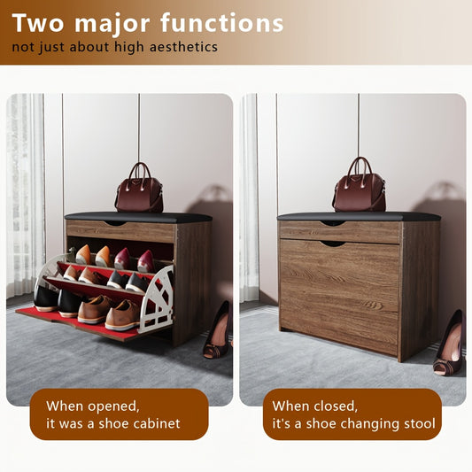 Cushioned Shoe Storage Cabinet with Three Listed Layers and Soft Padded Top, Brown or Gray Options for Entryway, Bedroom and Hallway Footwear Organization