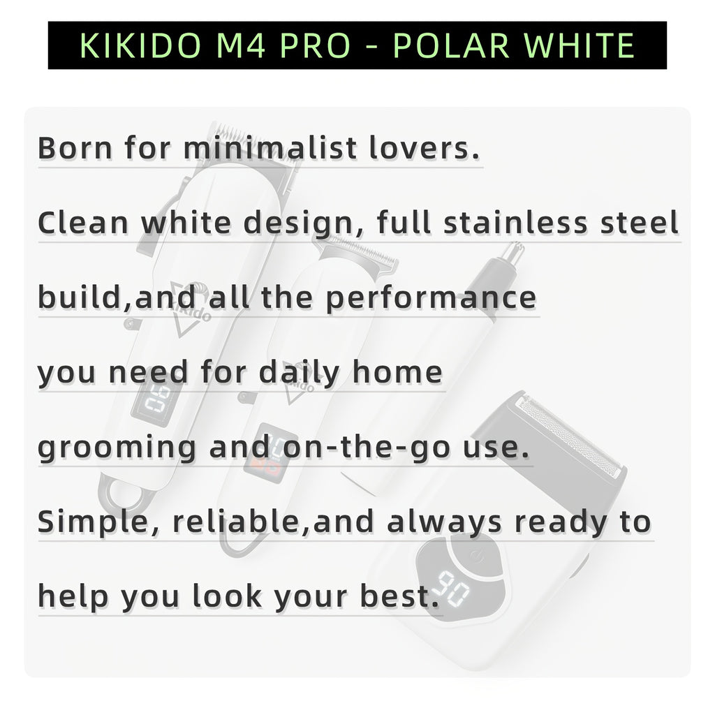 M4 Pro and M2 Pro Grooming Kit Options with Listed Electric Clipper, T-Trimmer and Shaver Wording, Black Golden or Polar White Labels for Men's Hair Care