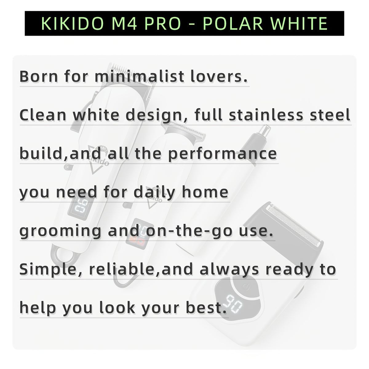 M4 Pro and M2 Pro Grooming Kit Options with Listed Electric Clipper, T-Trimmer and Shaver Wording, Black Golden or Polar White Labels for Men's Hair Care