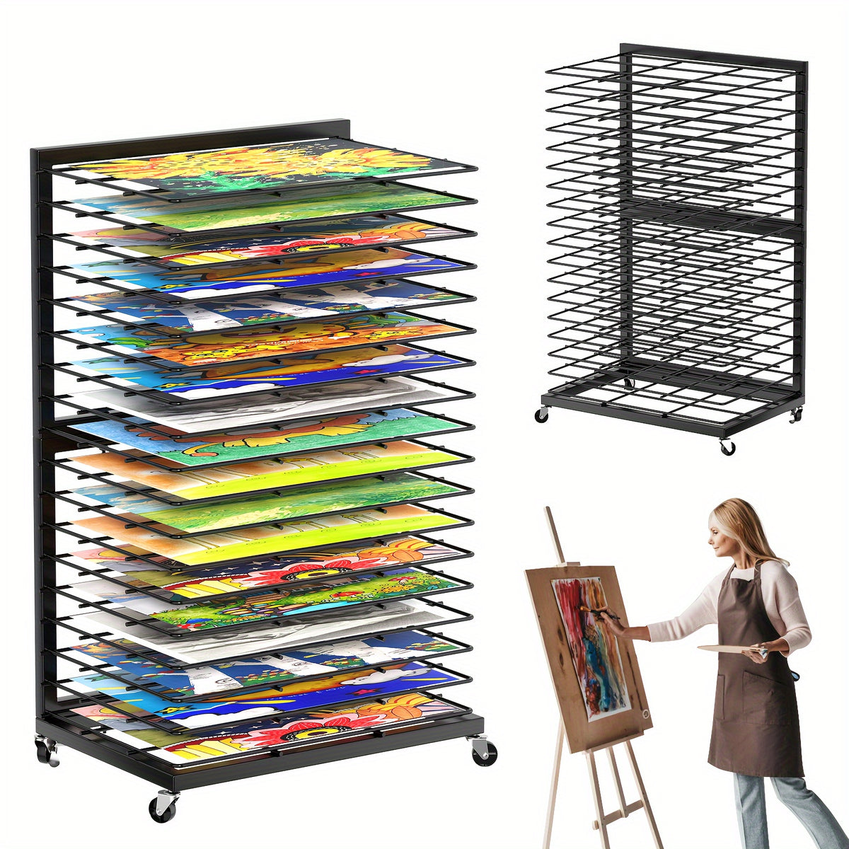 Art Drying Rack, 18-Tier Black Metal Painting Organizer for Studio Artwork Storage, Classroom Projects and Adult-Managed Preschool Craft Spaces