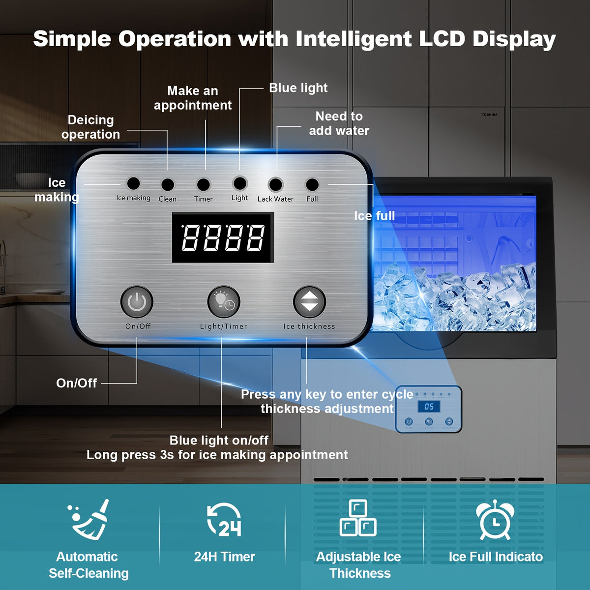 Commercial Ice Maker with 13lb Storage Bin, Listed 100lb Daily Production, Silver Freestanding or Under-Counter Machine with Water Filter, Scoop and Hose