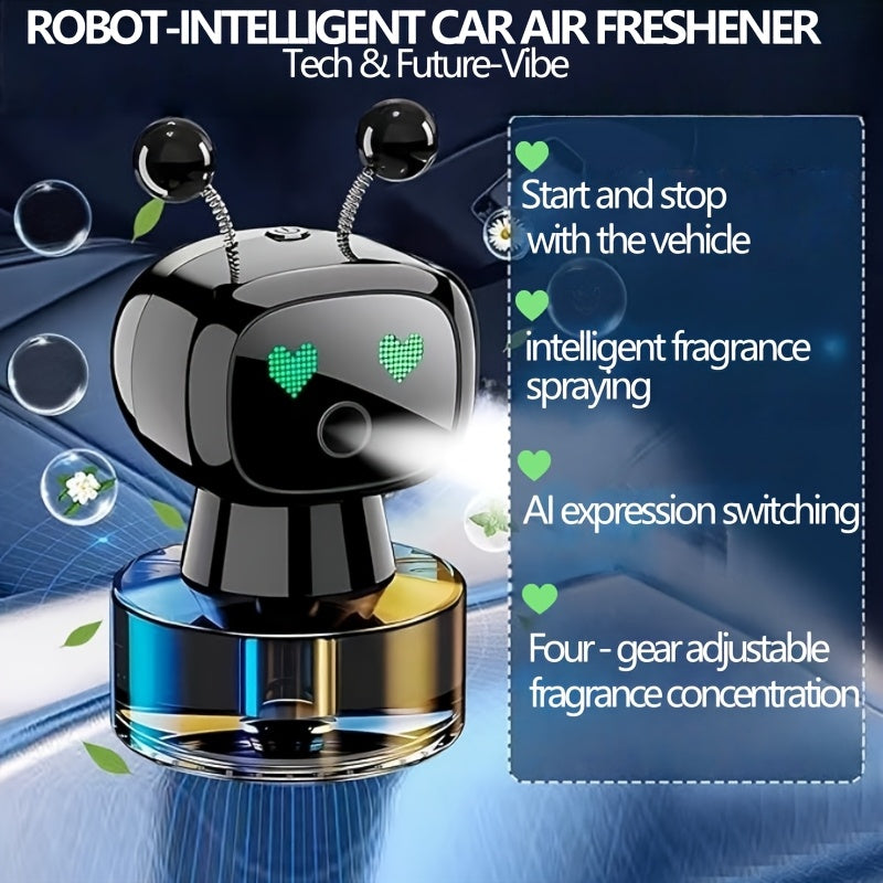 Robot Car Air Freshener with Dynamic Expressions, Automatic Start Stop Spray and Four Adjustable Fragrance Levels, Five Color and Scent Options