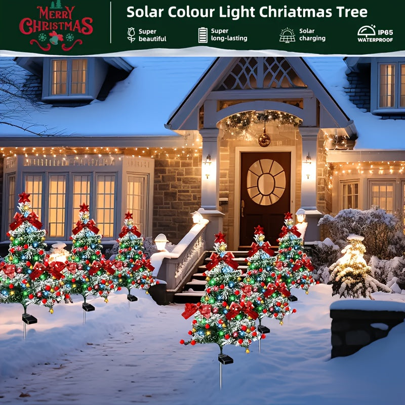 Cedar-Style Solar Holiday Tree Lights with Listed IP65 Rating and Star, Bow, Bell and Red Ball Decoration Wording, Two- or Four-Piece Labels for Lawn and Patio Decor