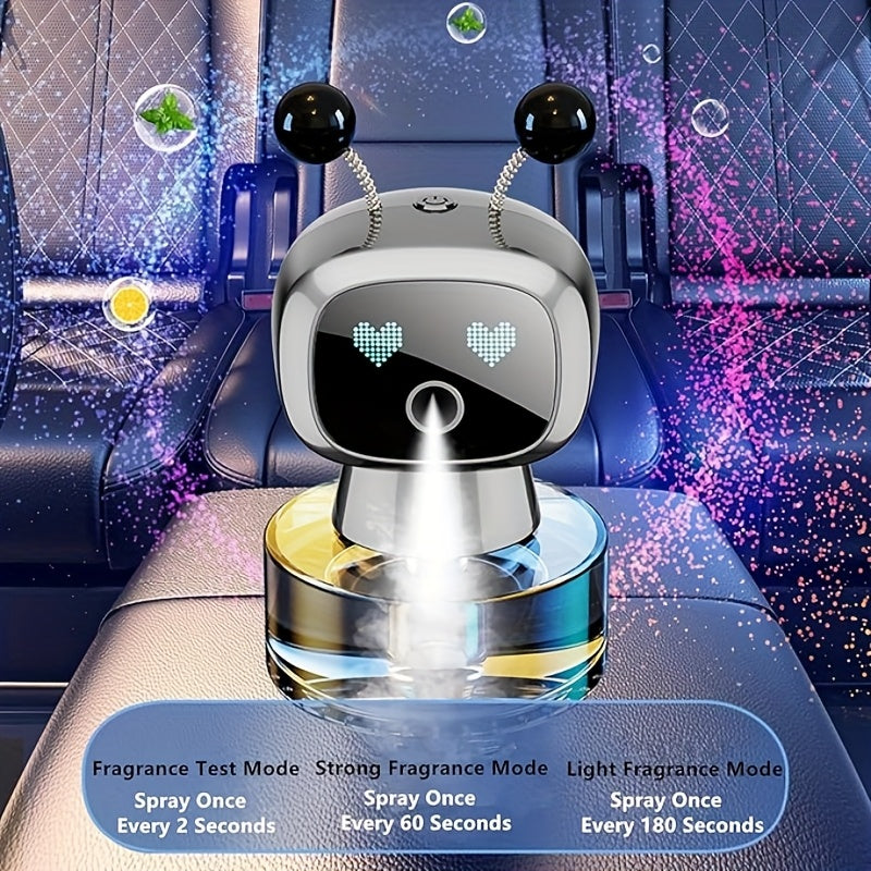 Robot Car Air Freshener with Dynamic Expressions, Automatic Start Stop Spray and Four Adjustable Fragrance Levels, Five Color and Scent Options