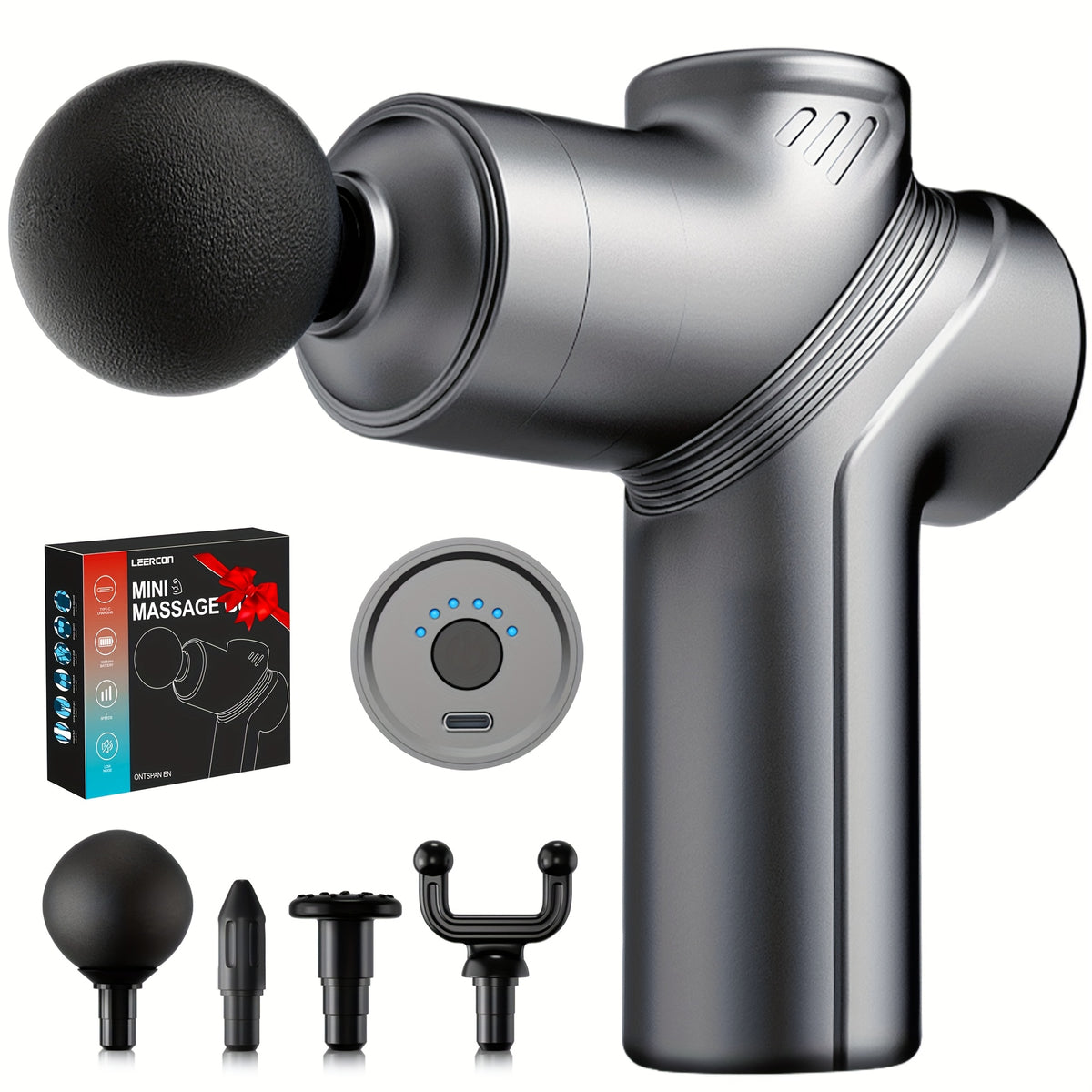 Handheld Massage Gun by LEERCON with Four Massage Heads and Six Adjustable Speeds, Portable Personal-Care Massager in Grey or Blue for Home Massage Routines