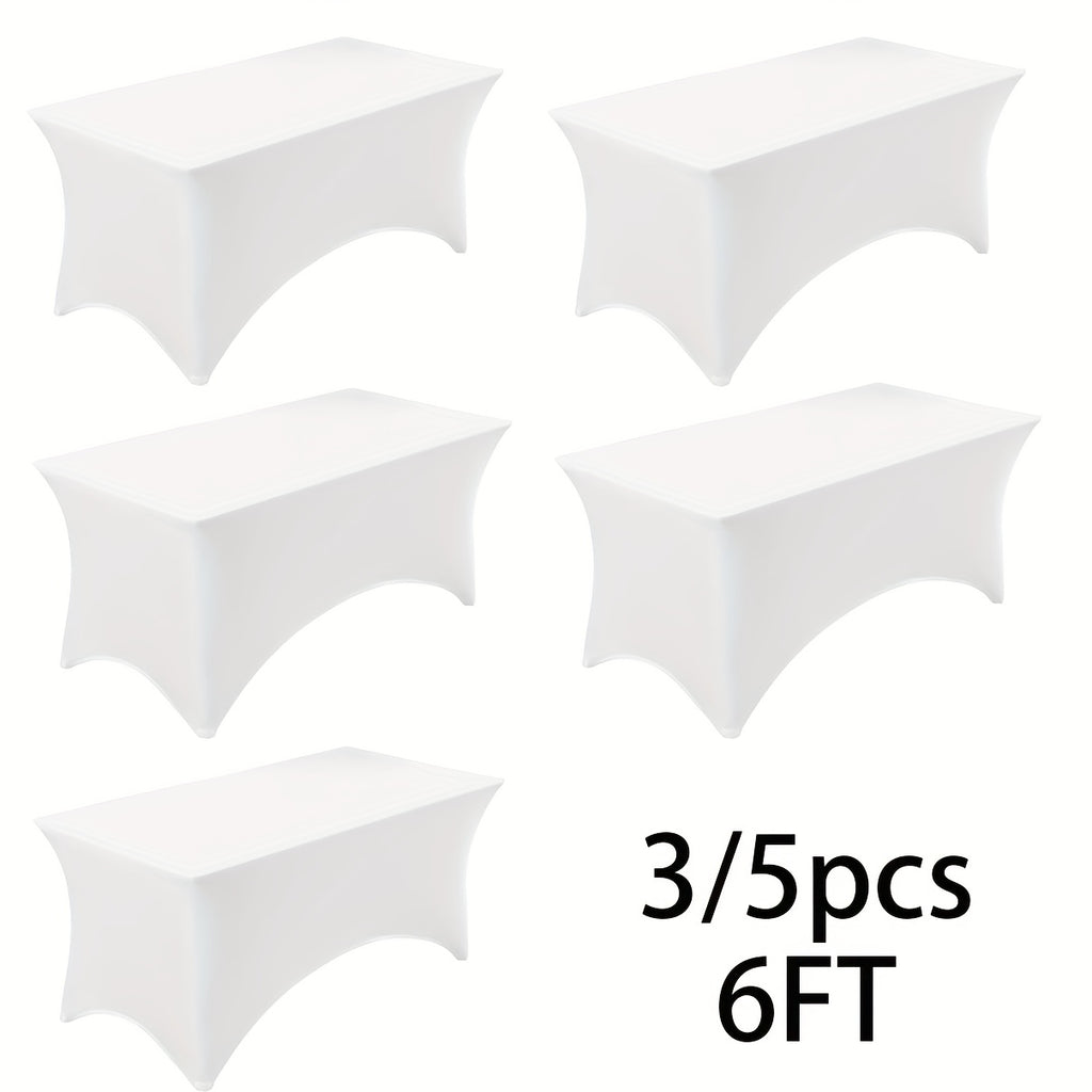 Stretch Table Covers for 6-Foot Rectangular Tables, Black or White Polyester Spandex Tablecloths with Leg Pockets, 3 or 5 Pack Options for Weddings and Displays
