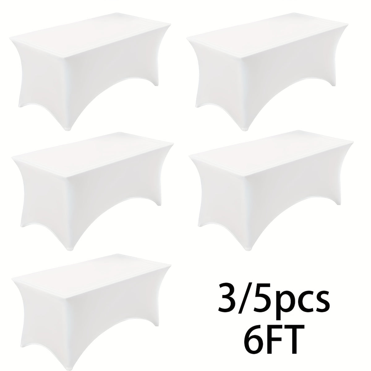 Stretch Table Covers for 6-Foot Rectangular Tables, Black or White Polyester Spandex Tablecloths with Leg Pockets, 3 or 5 Pack Options for Weddings and Displays