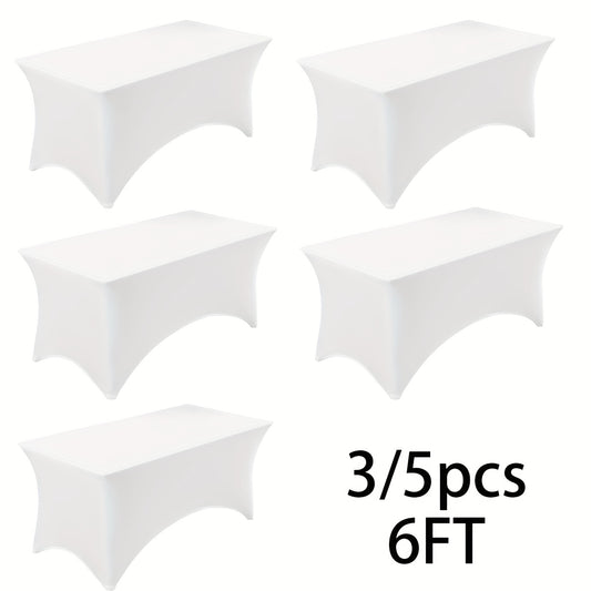 Stretch Table Covers for 6-Foot Rectangular Tables with Leg Pockets, Black or White Polyester Spandex Event Tablecloths in Listed Three- and Five-Pack Options