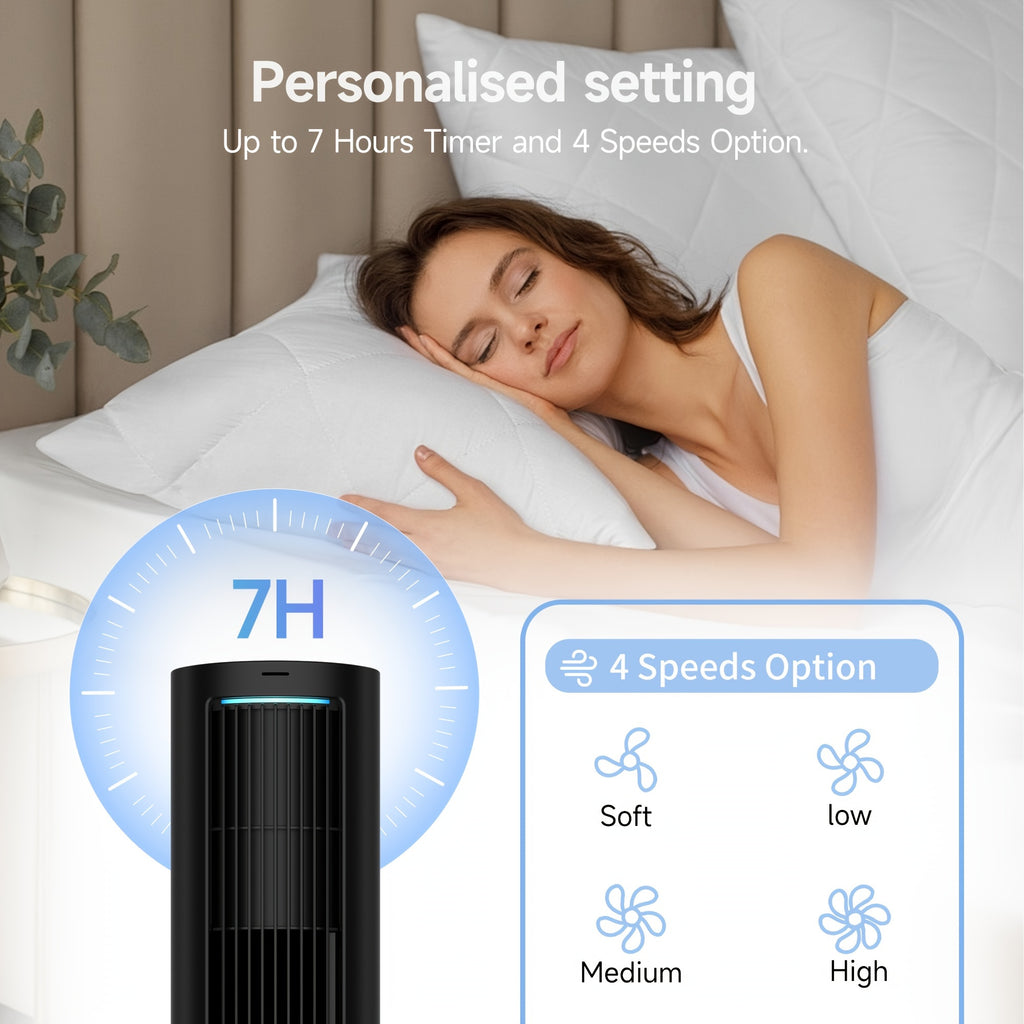 Oscillating Tower Fan in Black with 40-Inch Option Label, Listed Remote Control, Four Speeds, Timer and LED Display for Home Office and Living Room Airflow