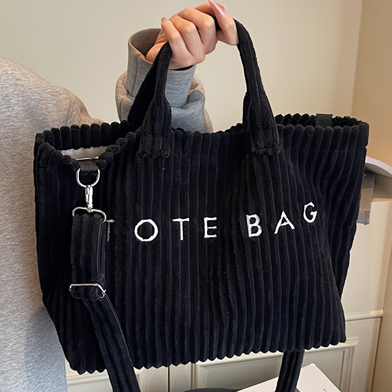 Large Capacity Corduroy Tote Bag for Women with Adjustable Shoulder Strap, Letter Pattern and Contrast Design for Work and Casual Crossbody Wear