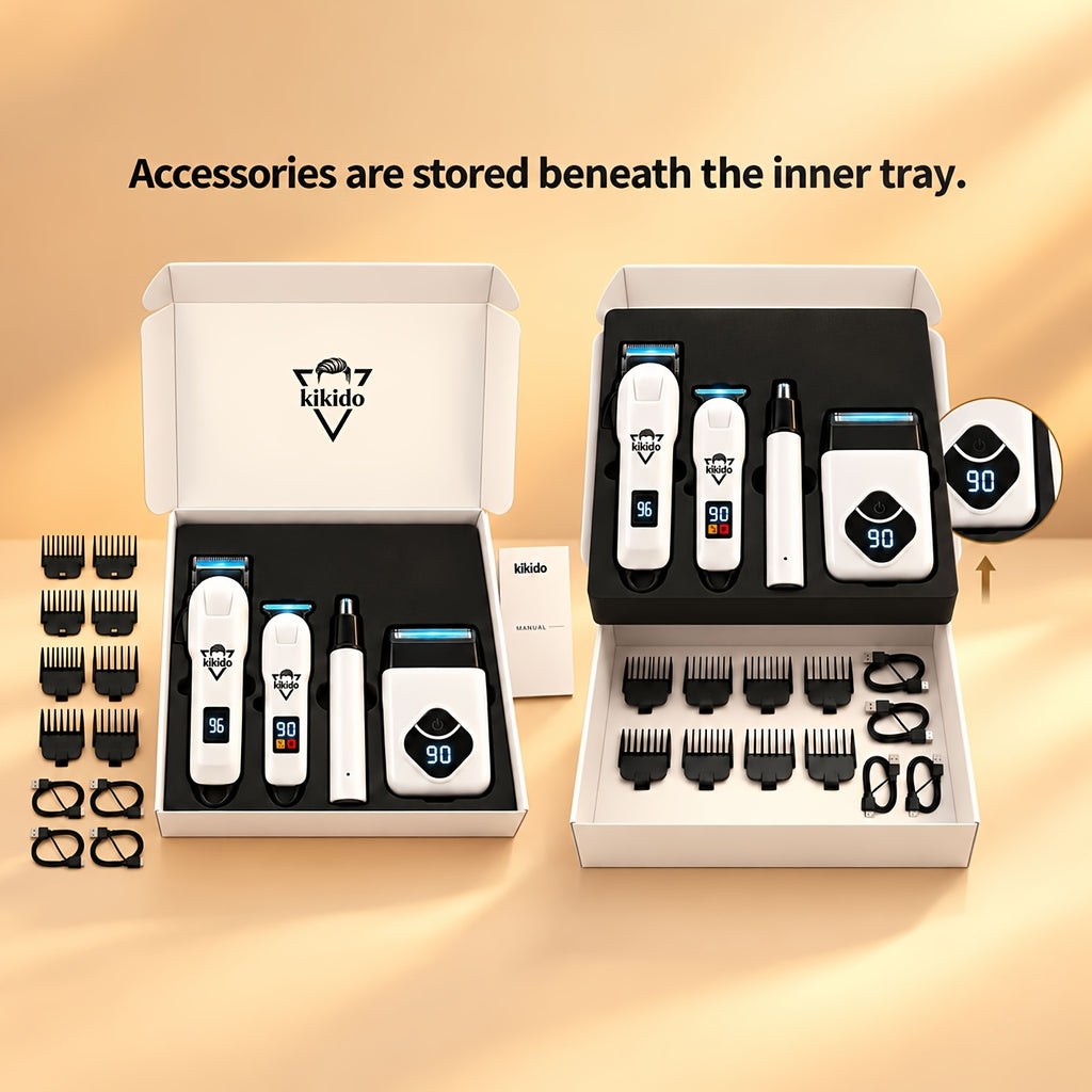 M4 Pro and M2 Pro Grooming Kit Options with Listed Electric Clipper, T-Trimmer and Shaver Wording, Black Golden or Polar White Labels for Men's Hair Care