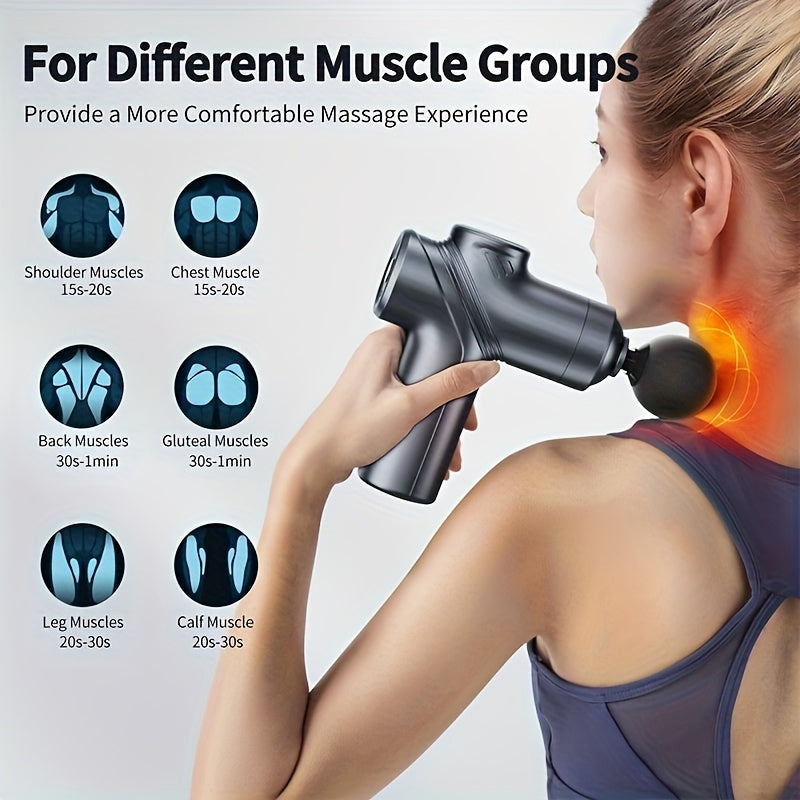 Handheld Massage Gun by LEERCON with Four Massage Heads and Six Adjustable Speeds, Portable Personal-Care Massager in Grey or Blue for Home Massage Routines