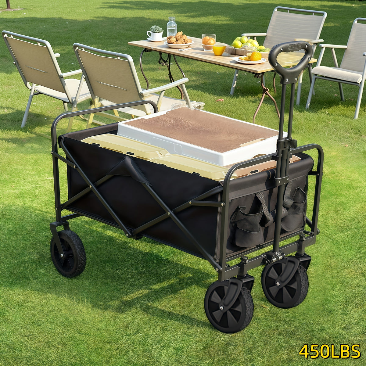 Foldable Utility Cart with Detachable 600D Oxford Fabric and Four Wheels, Alloy Steel Frame Wagon Models for Camping Supplies, Garden Gear and Grocery Transport