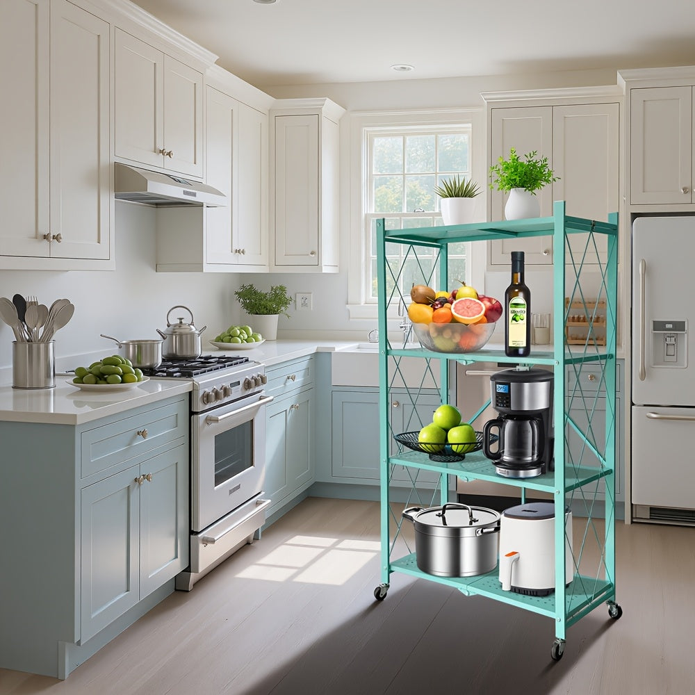 Rolling Folding Storage Rack with Metal Construction and Listed Locking Wheels, Three- to Five-Tier Model Labels for Kitchenware, Household and Dorm Organization