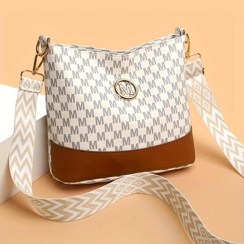 Patchwork Shoulder and Crossbody Bag with Vintage Styling and Wide Lettered Woven Strap, White or Brown Options for Workday Outings, Shopping and Dining