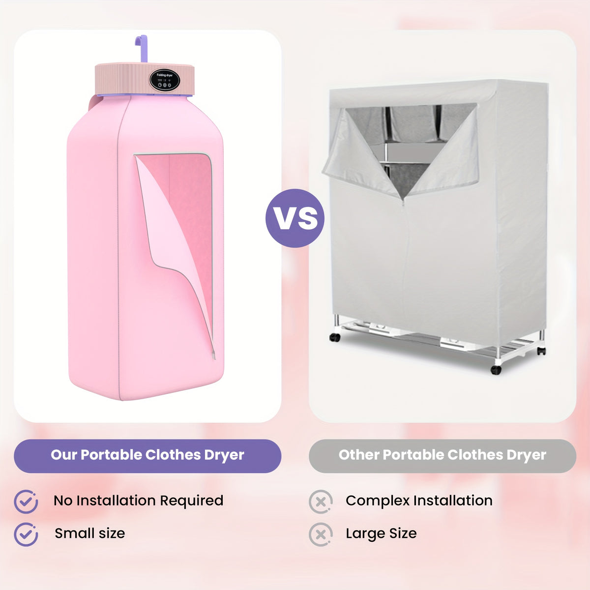 Foldable Portable Clothes Dryer with Timer and Listed Built-In LED UV Feature, Compact Laundry Care Machine in Pink, Khaki or Purple for Apartment, Travel and RV Use