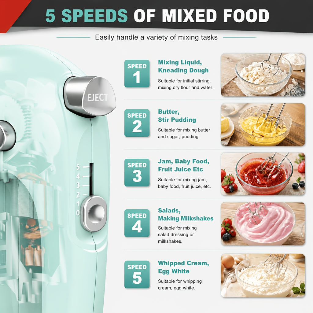 Electric Hand Mixer 5 Speed with Turbo Boost, 5 Stainless Steel Attachments, Handheld Mixer for Cake, Cookies & Bread Dough, with Storage Case Option, Kitchen Baking Gift, 5 Colors