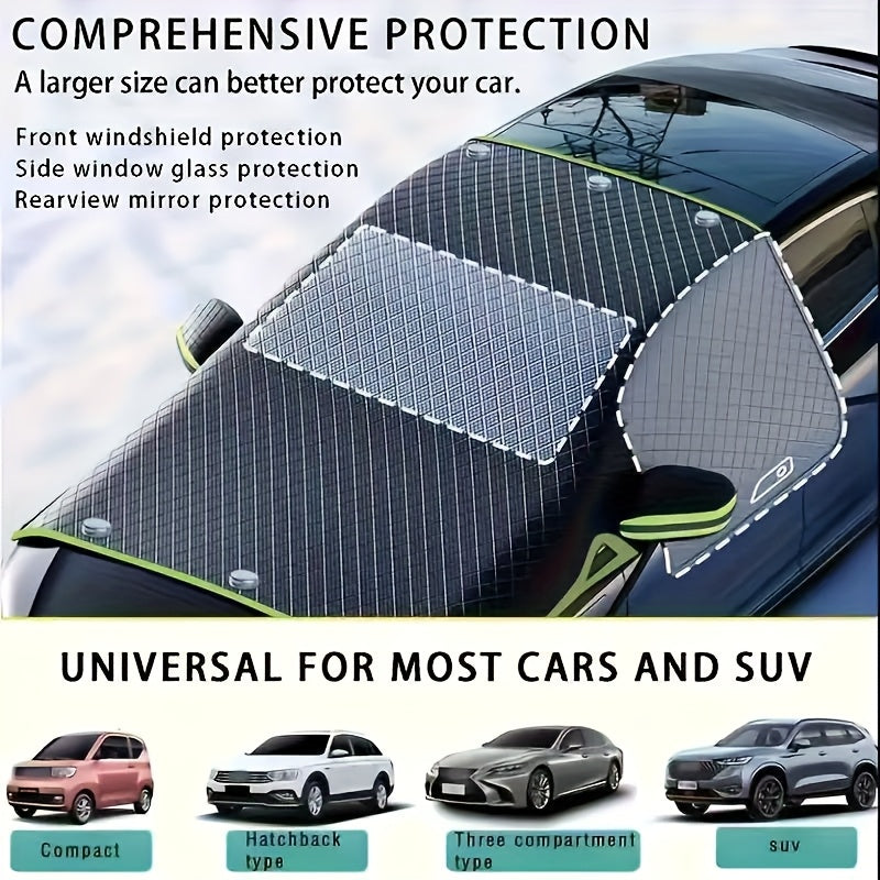Oxford Fabric Windshield Cover in Green Reflective Style, One-Piece Front Window Snow and Sun Protector for Compatible Parked Cars, SUVs and Trucks