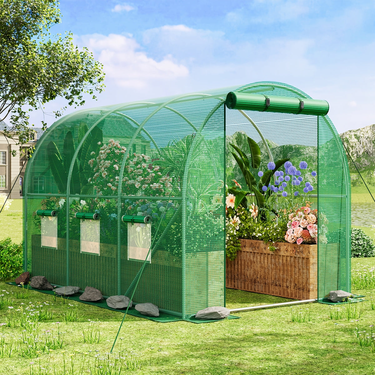 Garden Greenhouse with PE Cover and Listed Iron Frame, Three-Layer, Four-Layer or Large Walk-In Options in Green or White for Seedling and Plant Organization