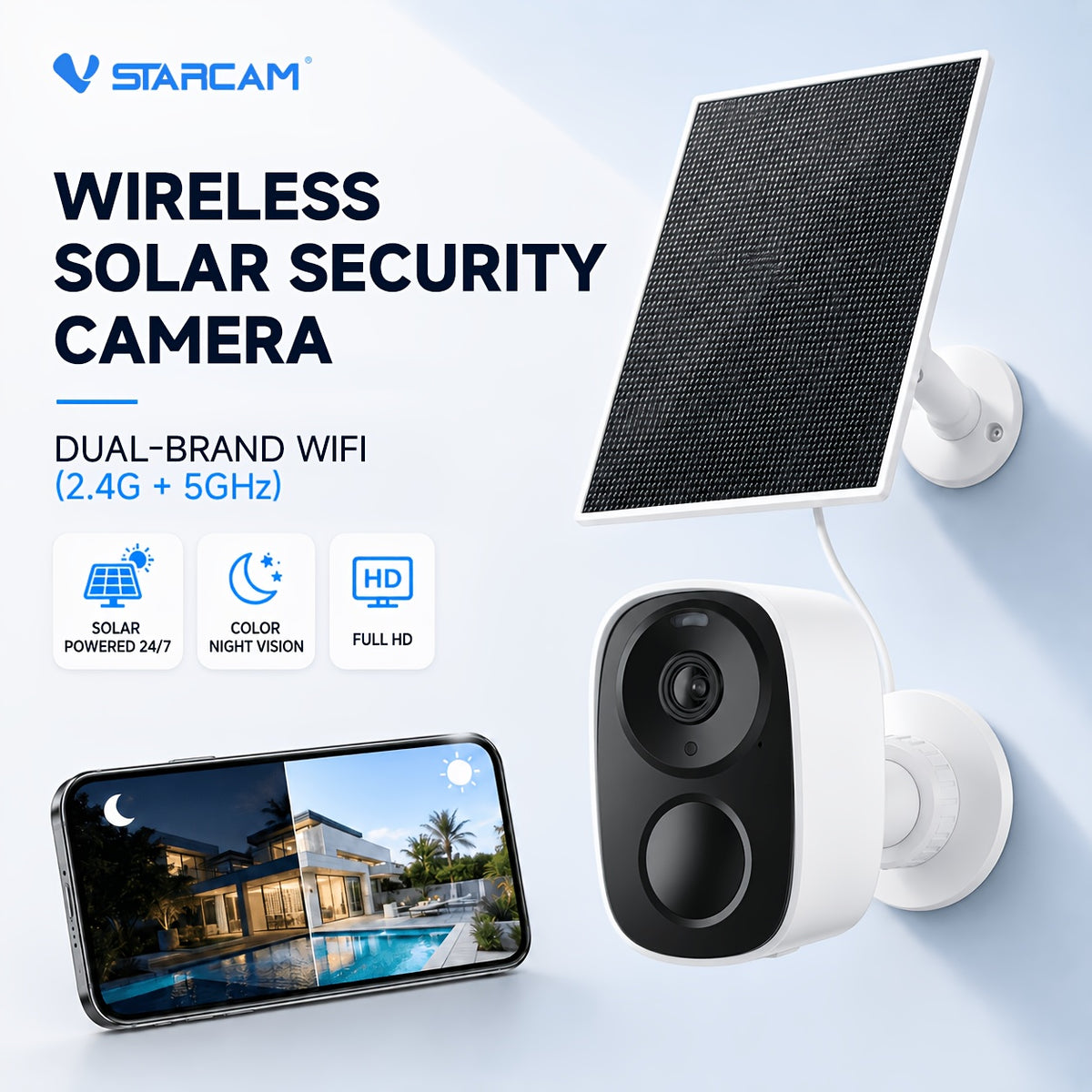 CB54TZ Solar Security Camera with 3MP 1296P Video, 2.4GHz WiFi, 5000mAh Battery, Color Night Vision, PIR Alerts, Siren and Two-Way Audio in Black or White