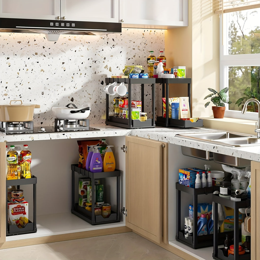 Hook and Bucket Under Sink Organizer, Two-Tier Sliding Cabinet Storage Rack with Listed Five Hooks and One Bucket, Single or Double Options for Kitchen and Bathroom