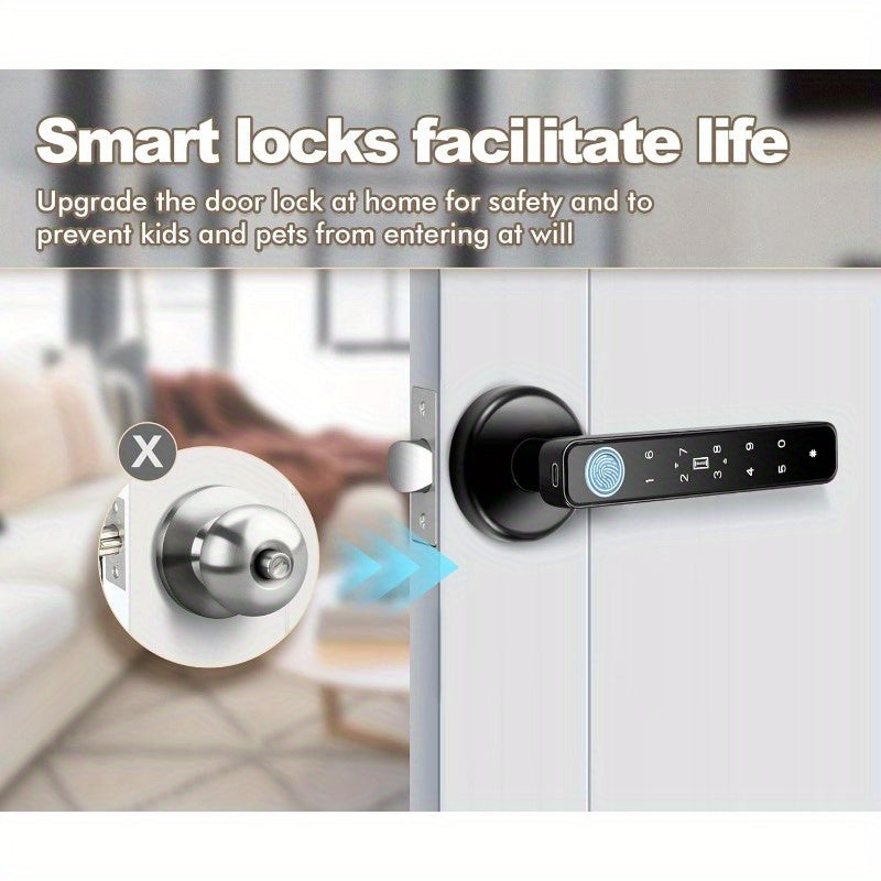 5-in-1 Fingerprint Door Knob Lock with Keypad and Smart Life Access, Two IC Cards and Two Keys, Single-Row or Double-Row Options for Compatible Interior Doors