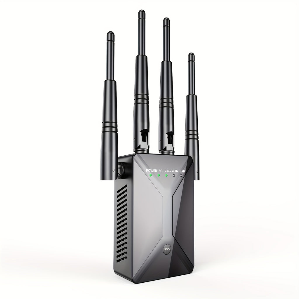 Black Dual-Band WiFi Extender with Ethernet Port, 2.4GHz and 5GHz Wireless Signal Booster and Repeater for Compatible Home Internet Networks