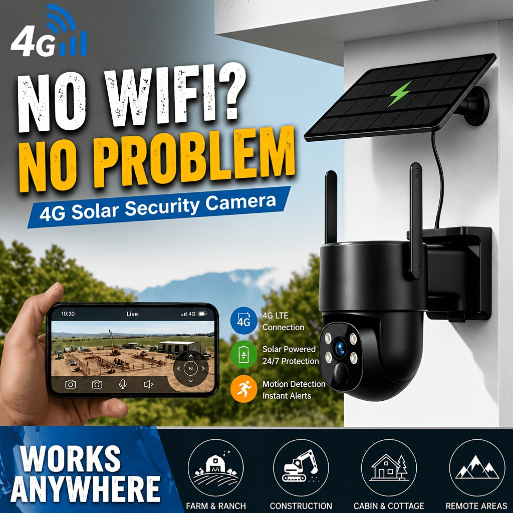 4G LTE Solar Security Camera 5MP with No-WiFi Connectivity, 360° PTZ View, AI Human Tracking, Color Night Vision and Two-Way Audio for Farms and Yards