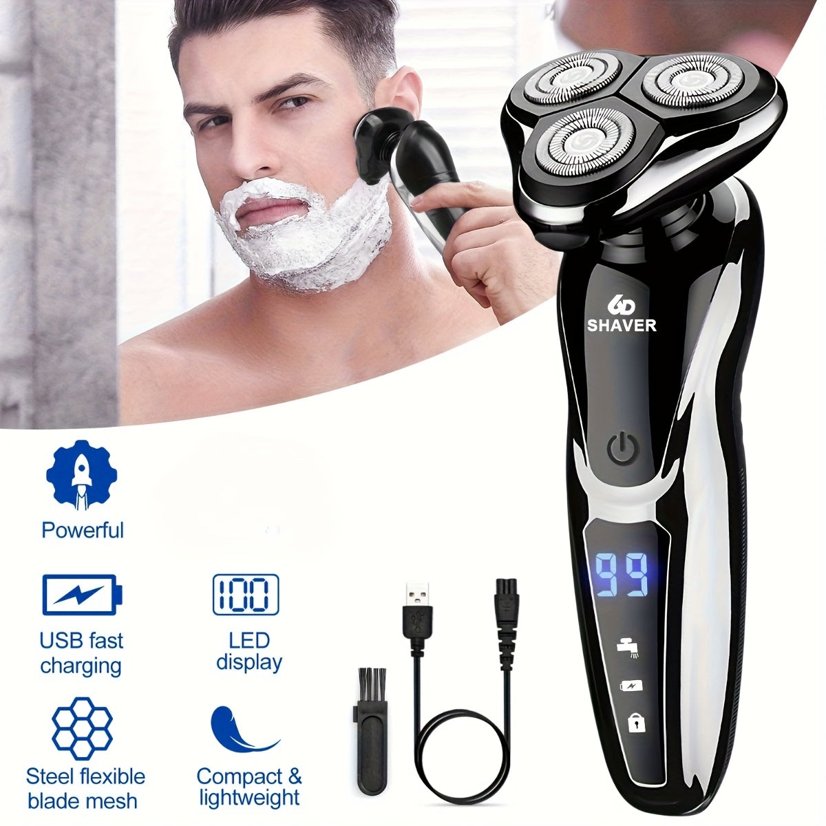 Cordless Electric Shaver for Men in Black with Rechargeable Battery, 3D Floating Cutter Head and LED Display, Single or Two-Piece Grooming Options