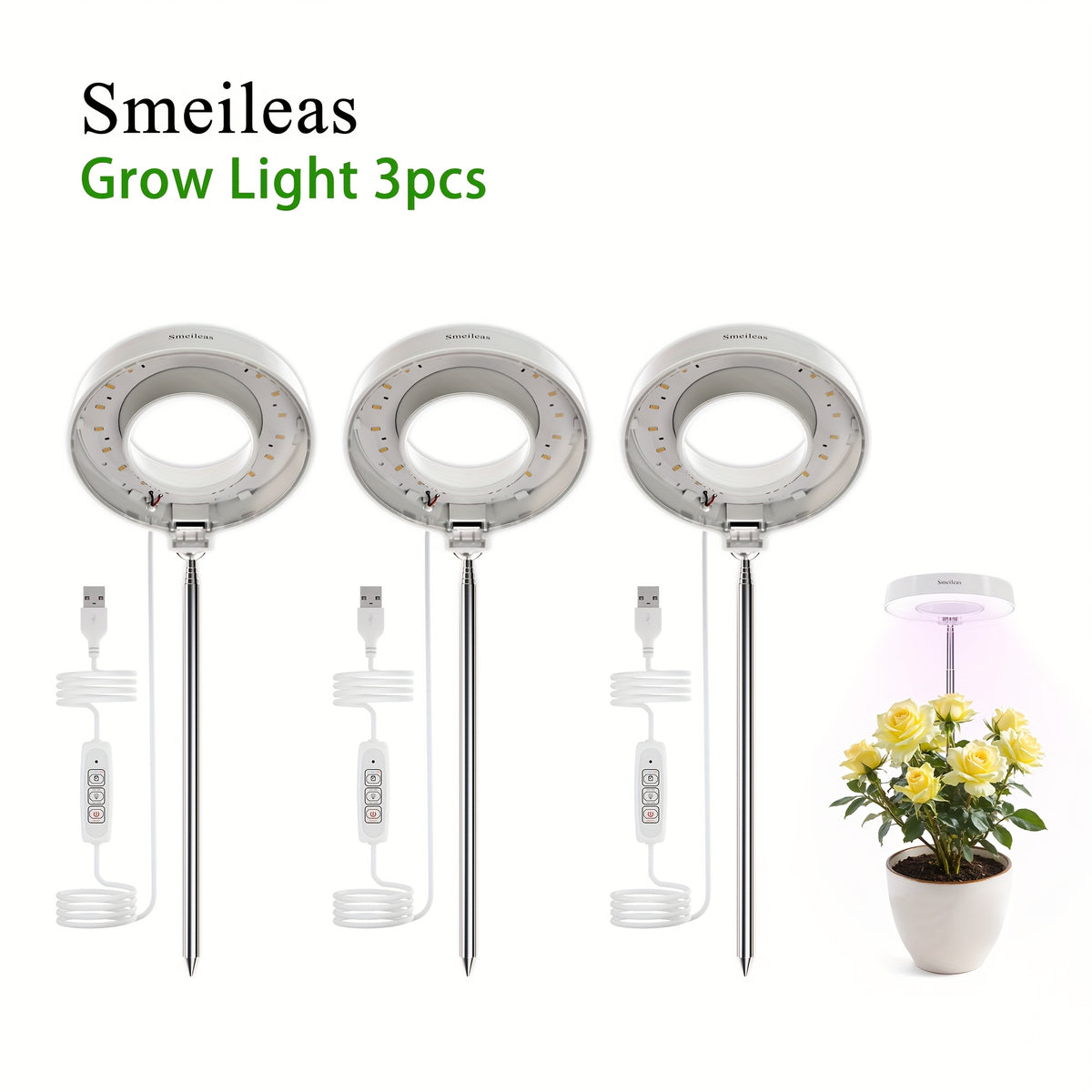 Full Spectrum Grow Light 3-Piece Set by Smeileas, Adjustable Brightness and Height with 3/6/9 Hour Auto On/Off Timer for Indoor Plant Care, White