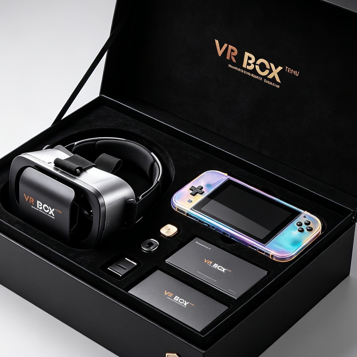 VR Glasses and Retro Handheld Game Console 2-Piece Set, Phone-Based 3D Viewer for Listed 5-7 Inch Smartphones with Separate Portable Gaming Device