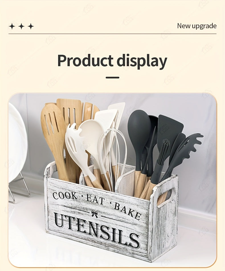 Wooden Kitchen Utensil Holder by LDQ, Rustic Countertop Organizer in Black or White with Two-Compartment Options for Forks, Spoons and Whisks