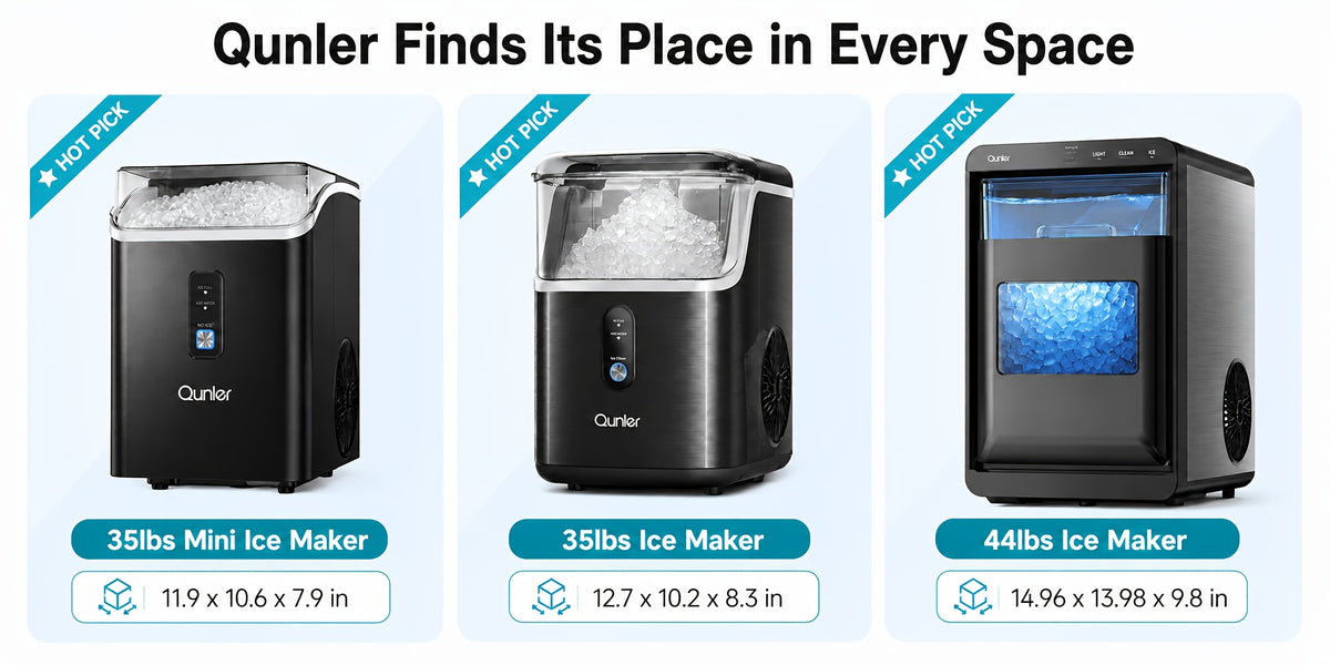Chewable Pellet Ice Maker by Qunler, Self-Cleaning Countertop Nugget Ice Machine with 35LBS, 44LBS or 35LBS Mini Options for Coffee and Home Bar Drinks