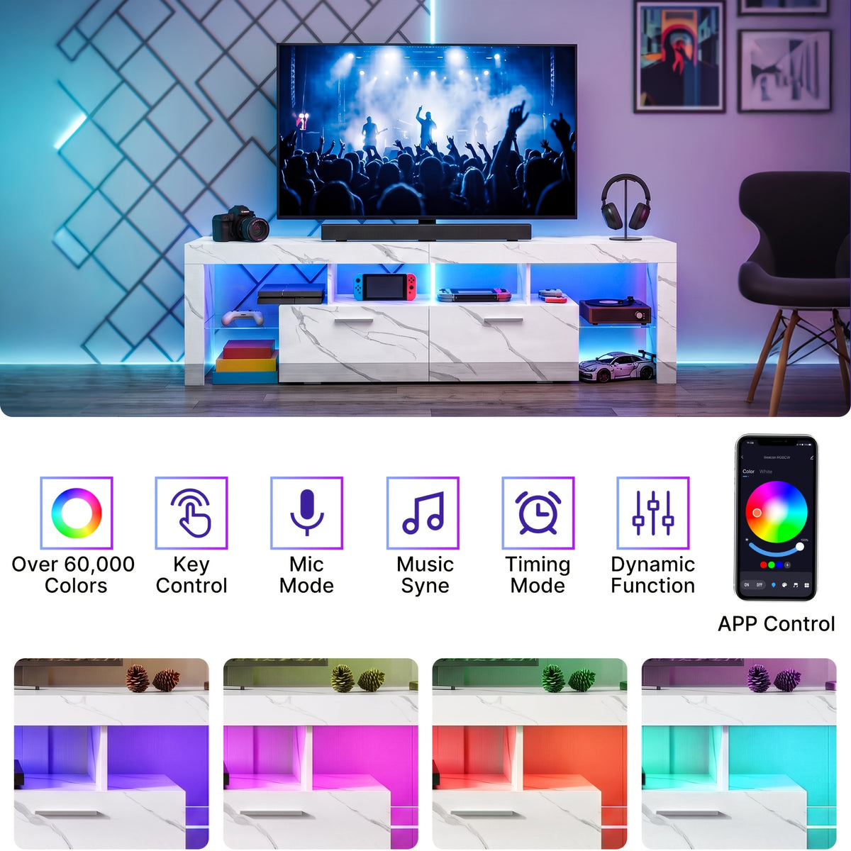 White LED TV Stand with Cabinet Storage and Glass Shelves, Modern Media Console for Living Room and Game Room in 130, 167 or 180 cm Model Options