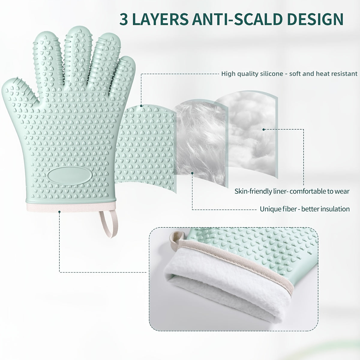 Silicone Oven Gloves Pair, Two-Piece Kitchen Hand Protection with Listed Heat Resistance, Non-Slip Design and Hanging Storage for Cooking, Baking and BBQ Tasks