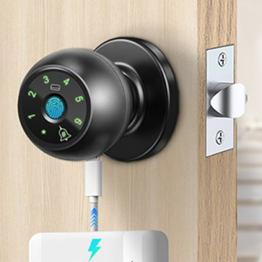 Five-Method Fingerprint Door Knob with App, IC Card, Password and Backup Key Access, Silent and Passage Modes, Anti-Peep Keypad and Type-C Emergency Power