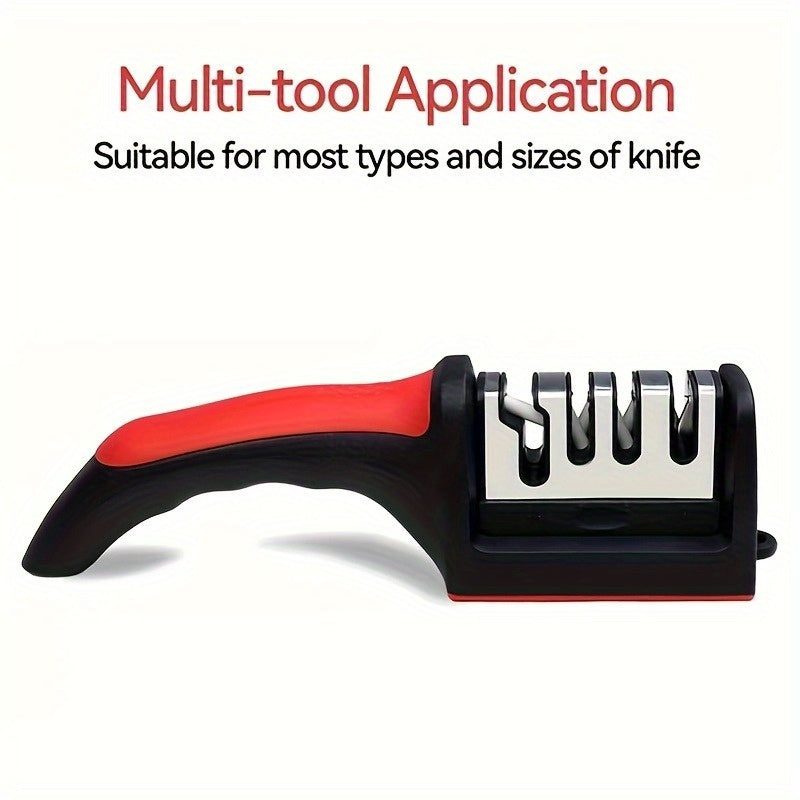 4-Stage Knife Sharpener with Non-Slip Grip, Red and Black Kitchen Edge-Care Tool with Listed Tungsten, Diamond and Ceramic Abrasives for Compatible Knives