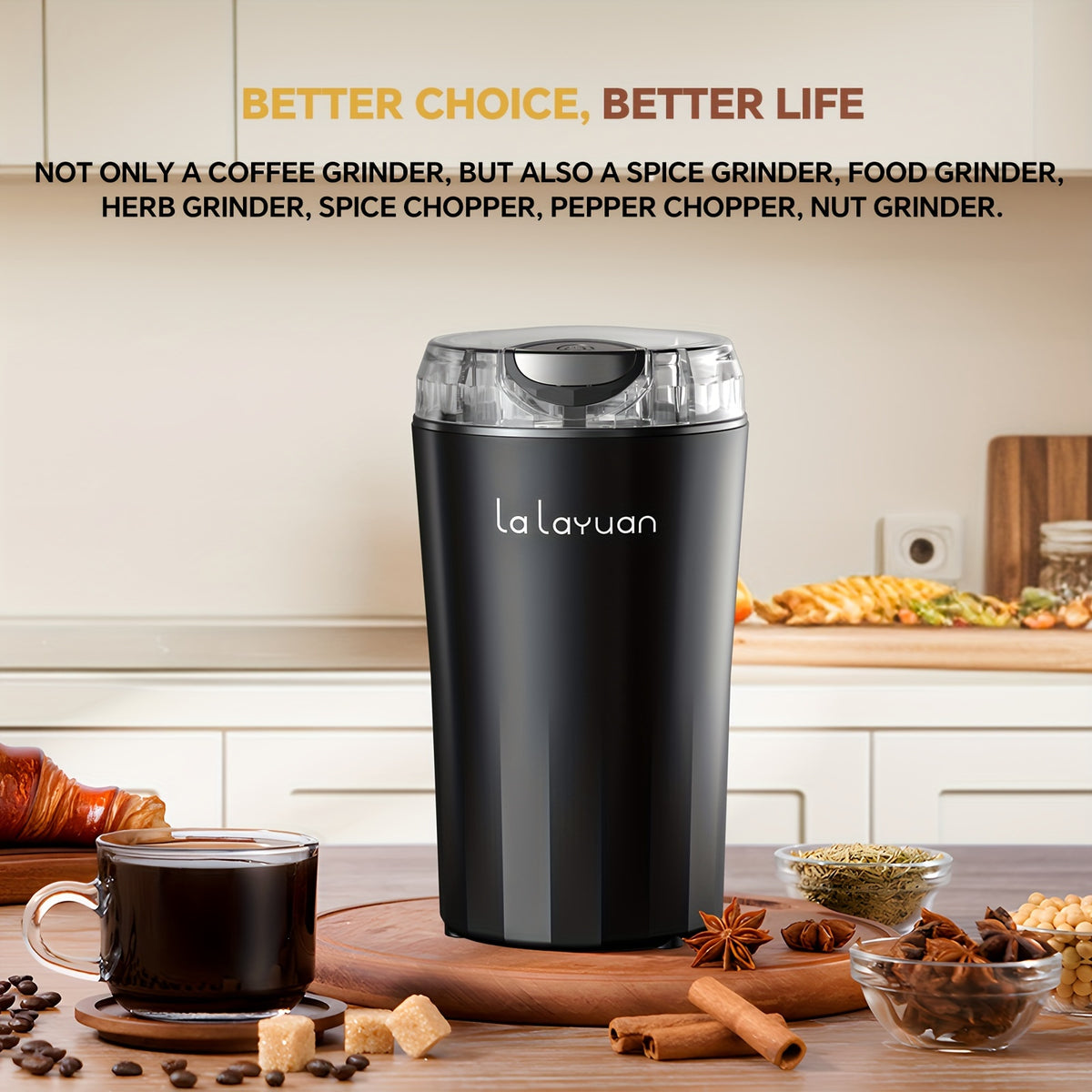 Coffee Bean Grinder with 200W Motor and Stainless Steel Chamber, One-Touch Electric Blade Mill for Home Coffee and Spice Prep, 2.7oz Capacity