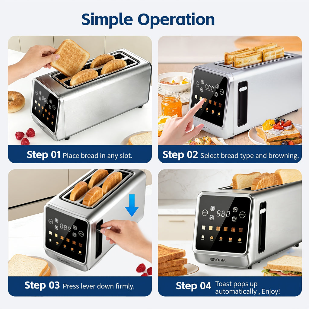 Touchscreen Four-Slice Long Slot Toaster with Listed 1.5-Inch Wide Slots, Six Shade Settings, Countdown Display, Memory and Dual Independent Controls, Stainless Steel