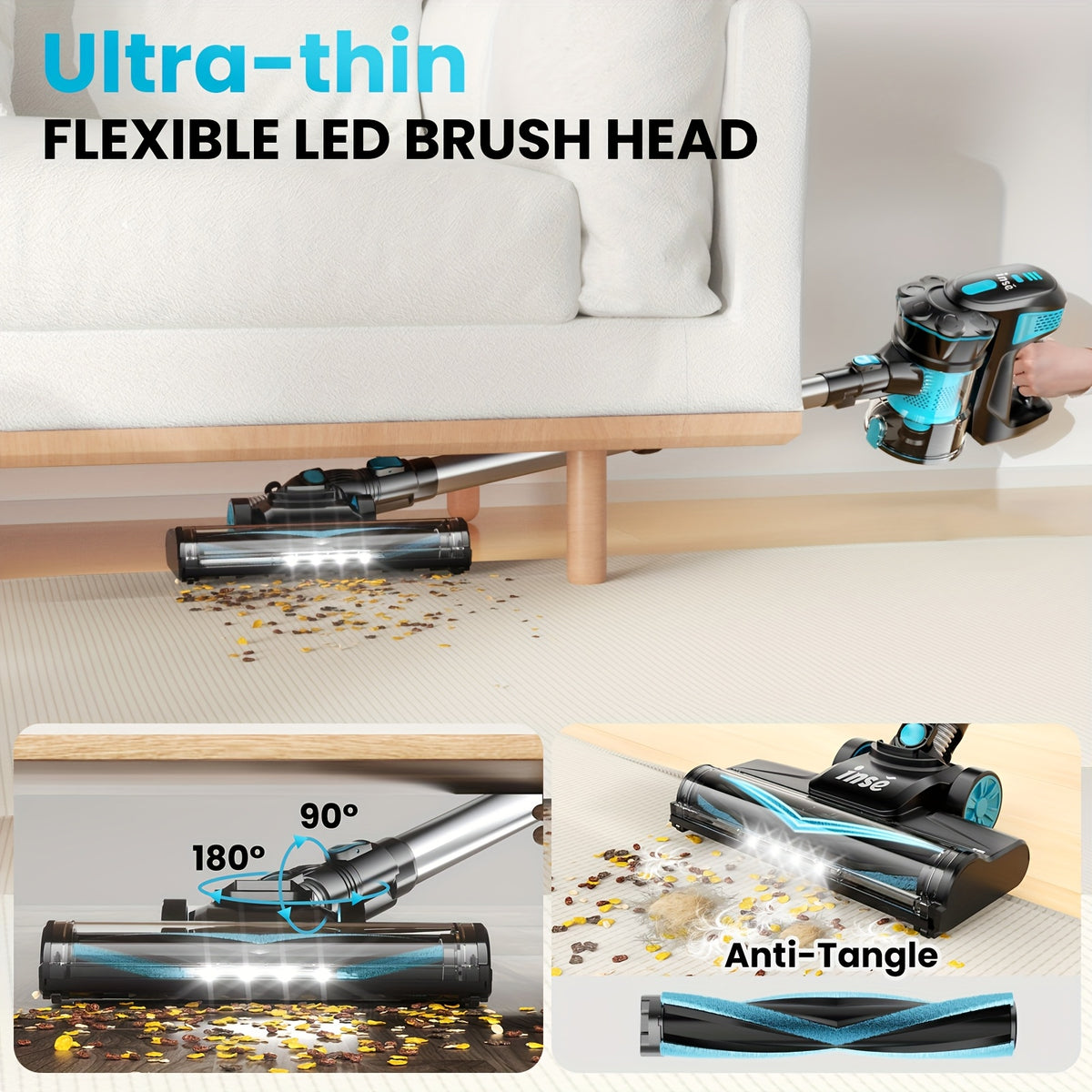 29kPa Portable Vacuum Cleaner by INSE with LED-Lit Nozzle and Listed Attachments for Pet Hair, Carpet, Wood Floor and Car Interior Cleanup in Three Color Options